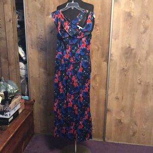 RACHEL Rachel Roy Blue and Red Asymmetrical Neckline Ruched Tiered Jumpsuit